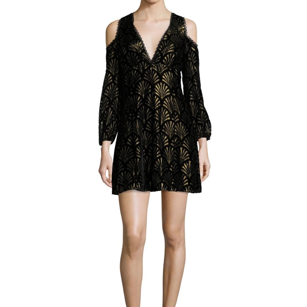 NWOT Alice + Olivia Arla Black and Gold Cold Shoulder Dress, Size 8